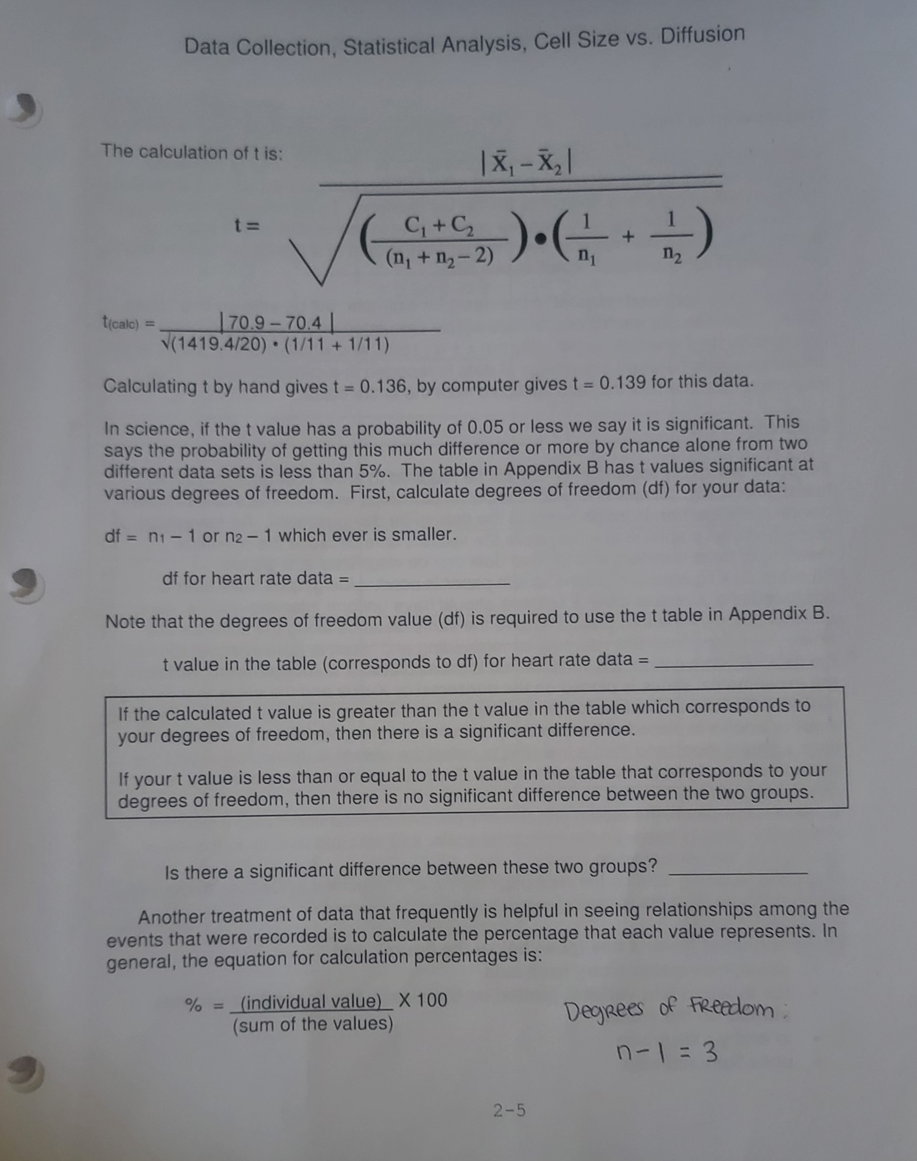 Data Collection, Statistical Analysis, Cell Size vs. Diffusion The calculation of t