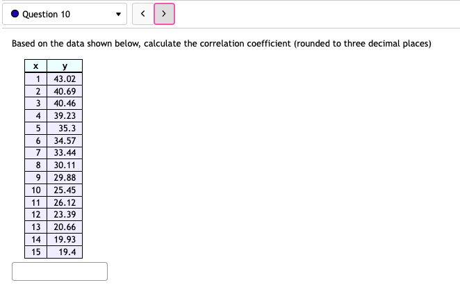 Question 10 Based on the data shown below, calculate the correlation coefficient