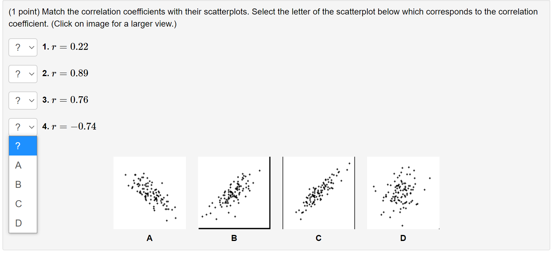 (1 point) Match the correlation coefficients with their scatterplots. Select the letter