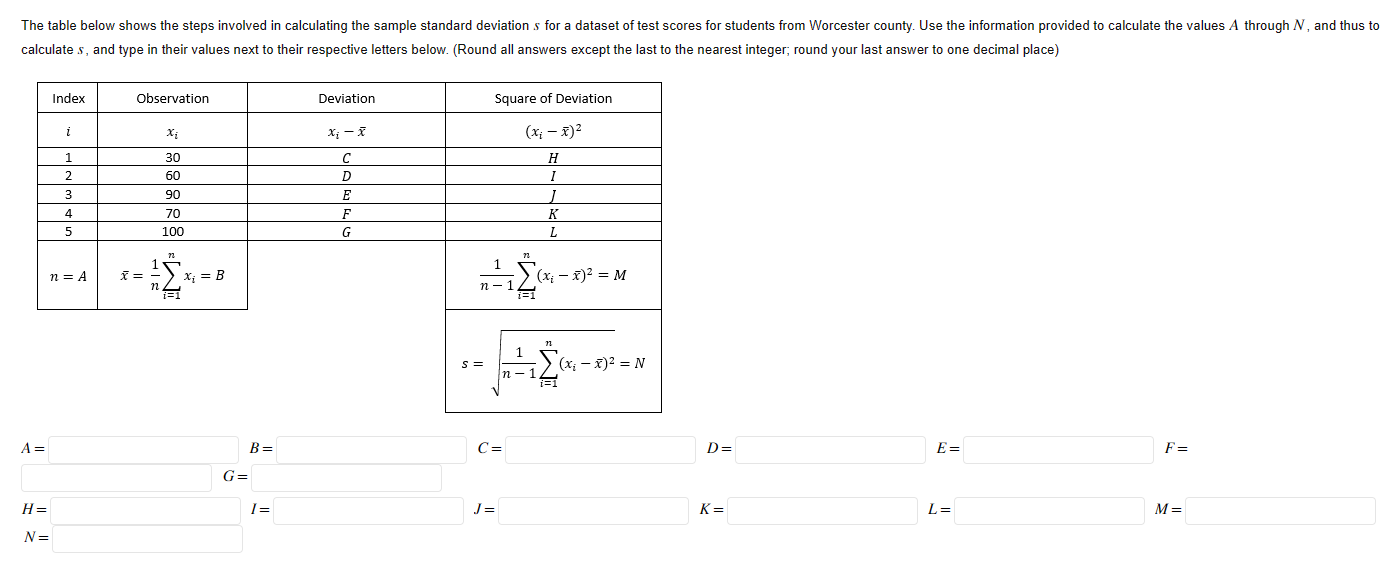 The table below shows the steps involved in calculating the sample standard