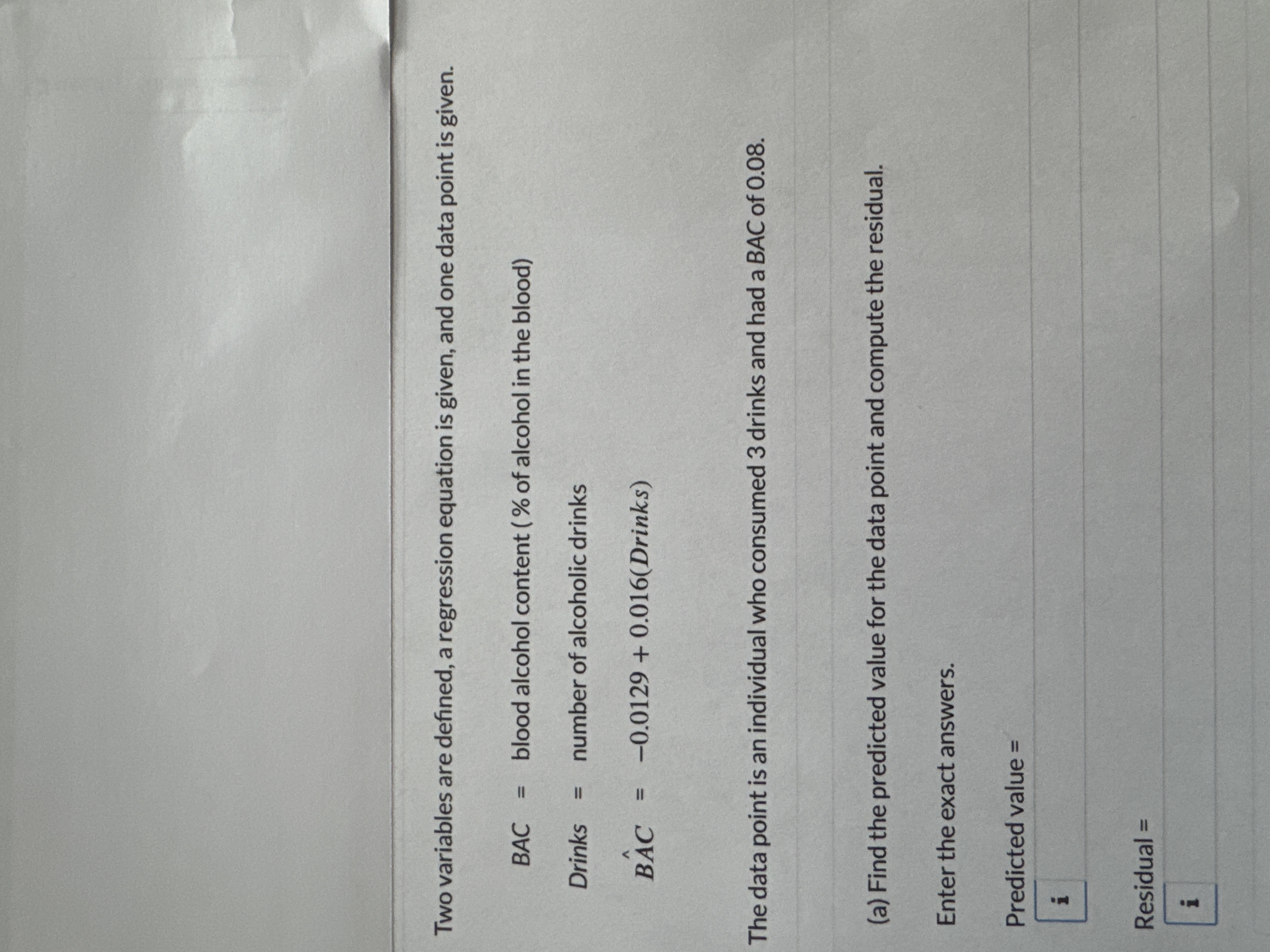 Two variables are defined, a regression equation is given, and one data