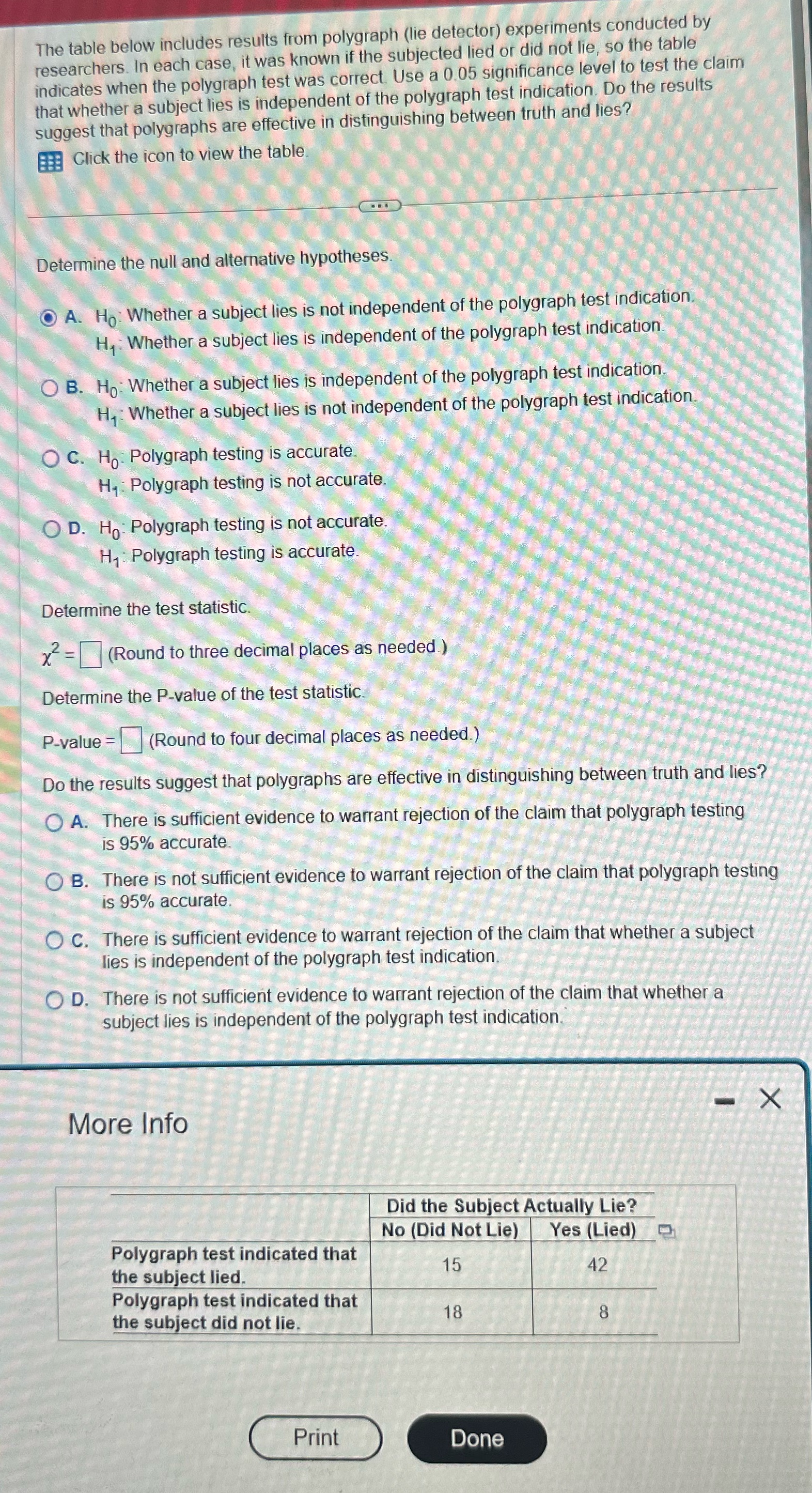 The table below includes results from polygraph (lie detector) experiments conducted by
