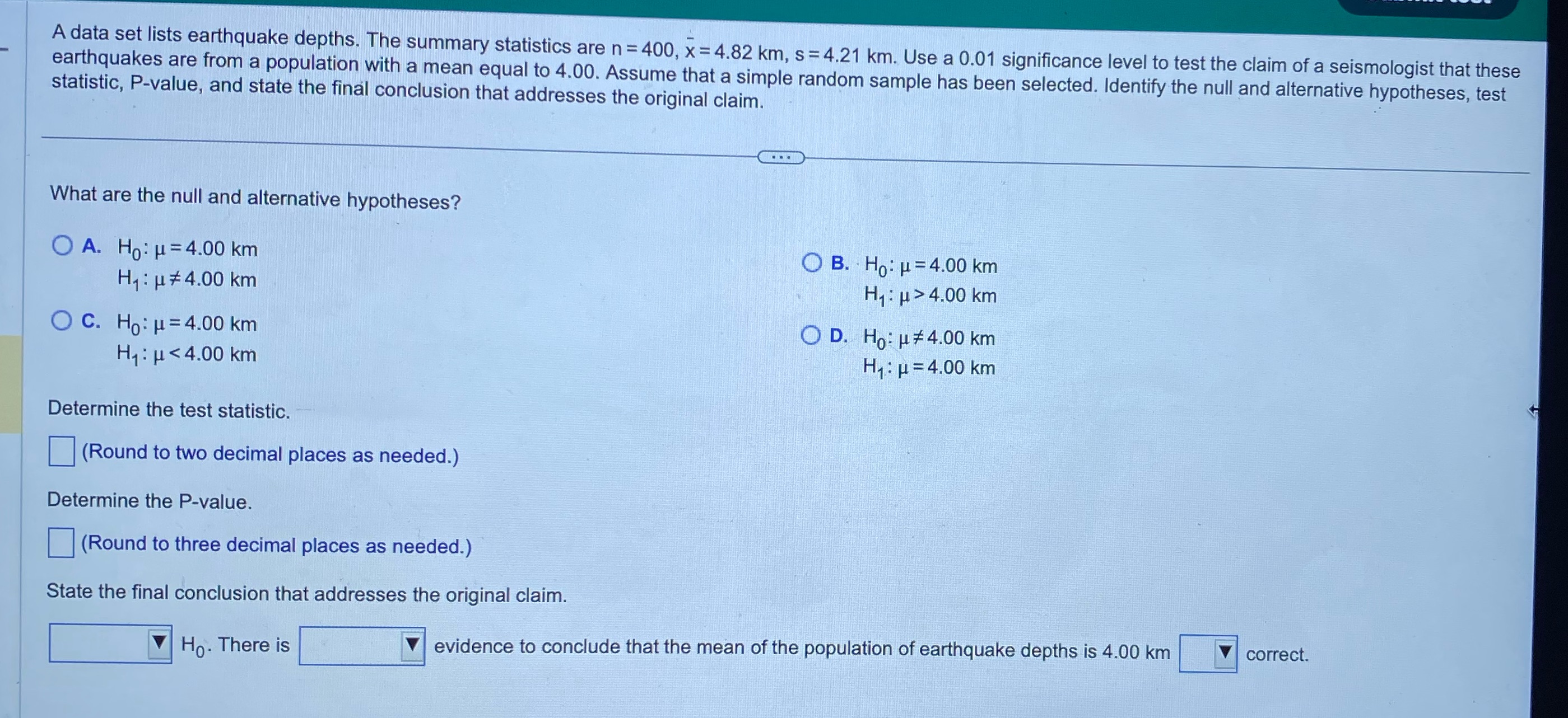 A data set lists earthquake depths. The summary statistics are n =