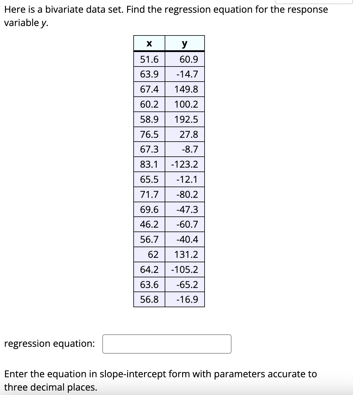 Here is a bivariate data set. Find the regression equation for the