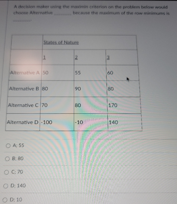 A decision maker using the maximin criterion on the problem below would