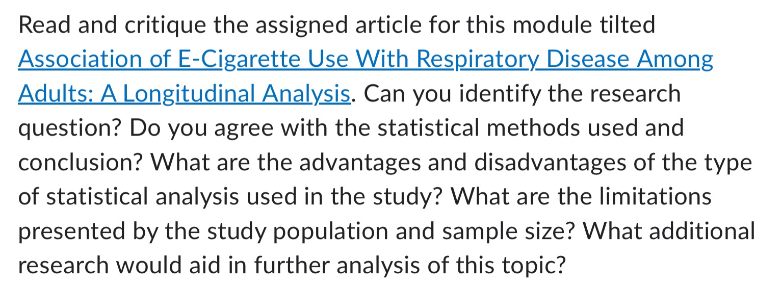 Read and critique the assigned article for this module tilted Association of