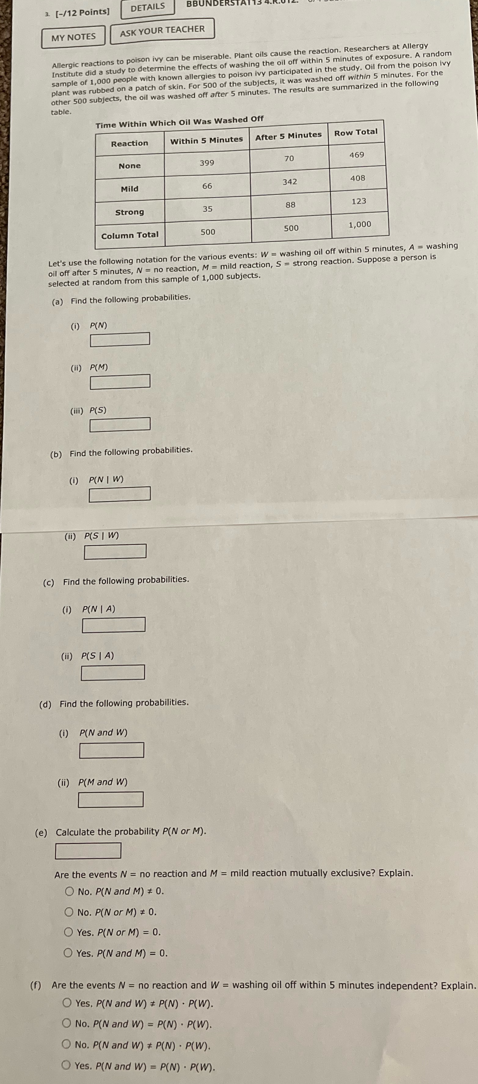 3. [-/12 Points] MY NOTES DETAILS BBUNDERSTAT ASK YOUR TEACHER Allergic reactions