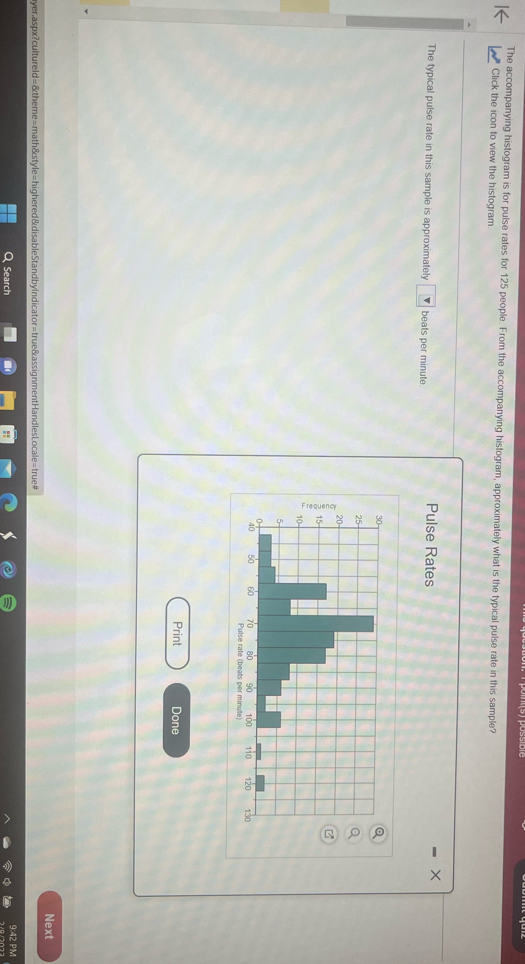 K question point(s) possible The accompanying histogram is for pulse rates for