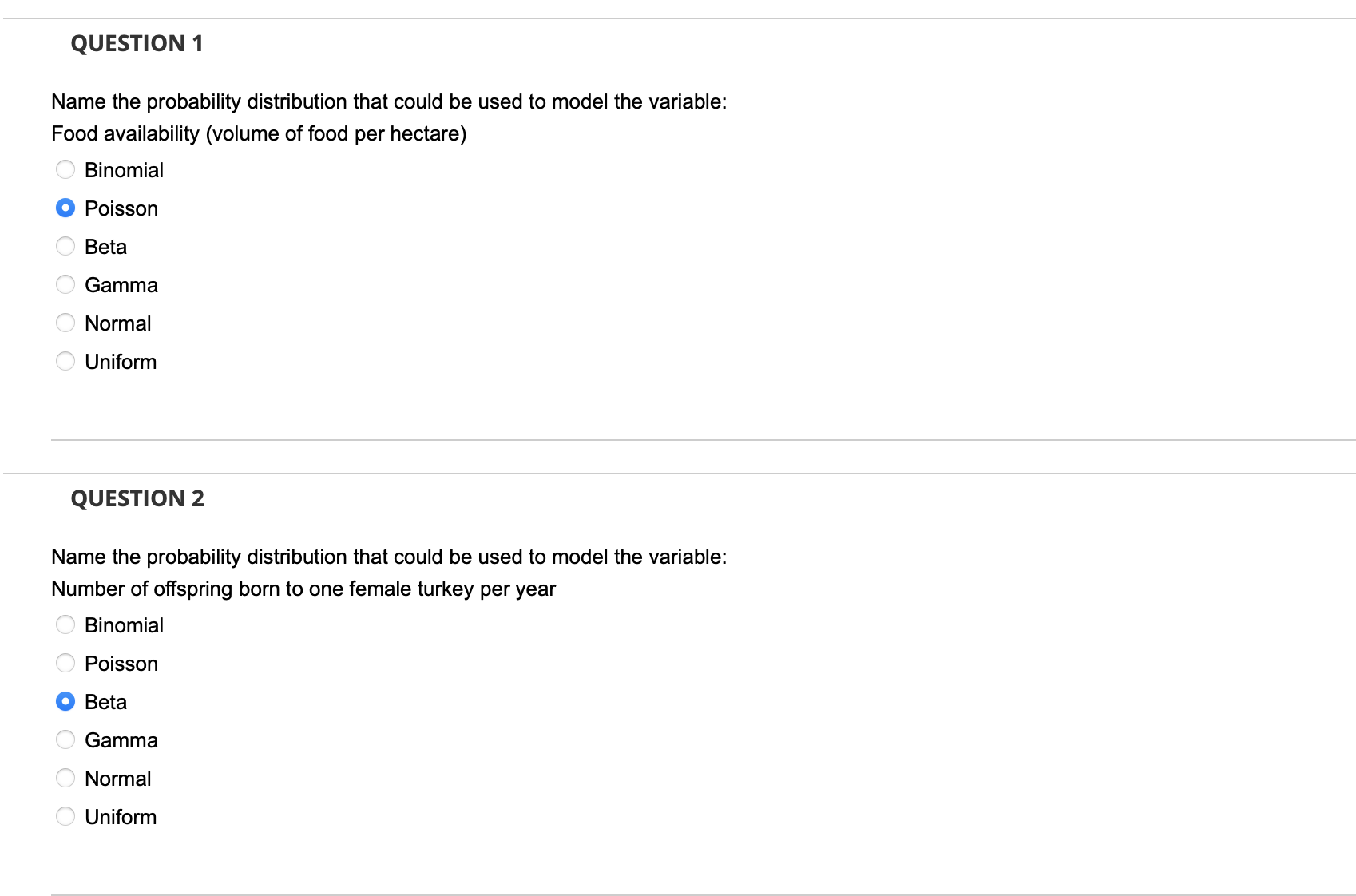QUESTION 1 Name the probability distribution that could be used to model