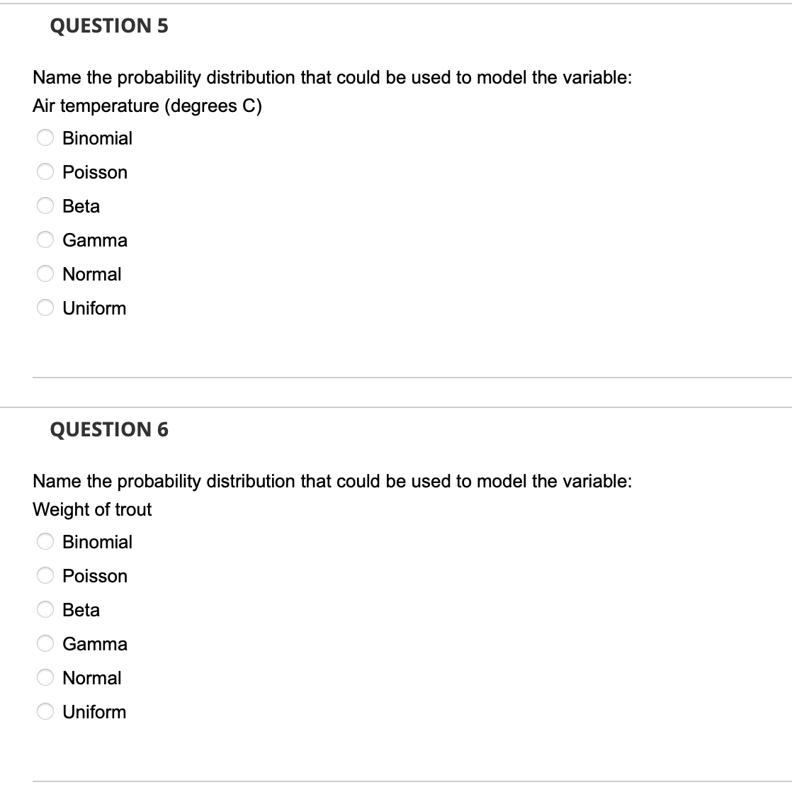 Gamma Normal Uniform QUESTION 2 Name the probability distribution that could be
