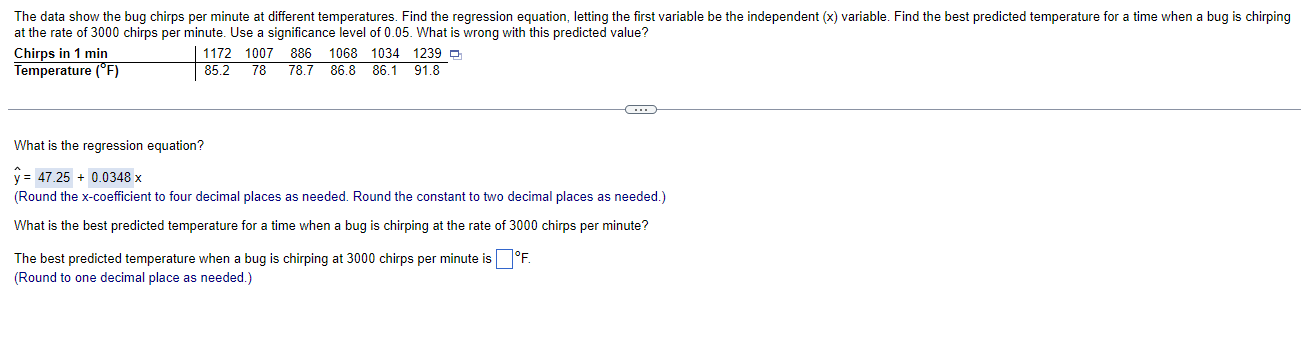 The data show the bug chirps per minute at different temperatures. Find