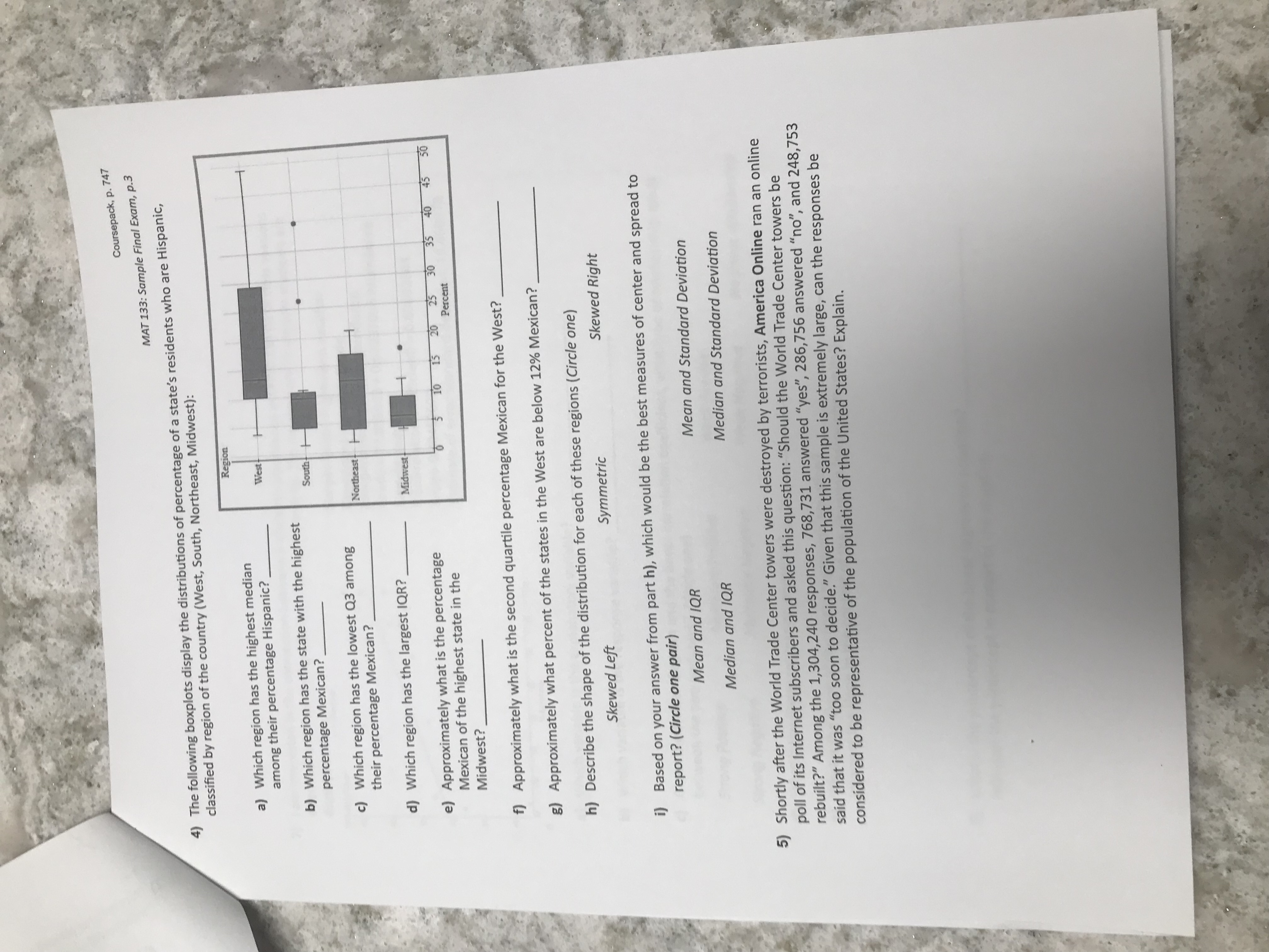 Coursepack, p. 747 MAT 133: Sample Final Exam, p.3 4) The following