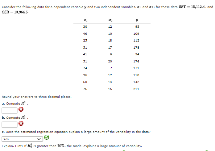 variables, 1 and 2; for these data SST = 15,182.9, and SSR