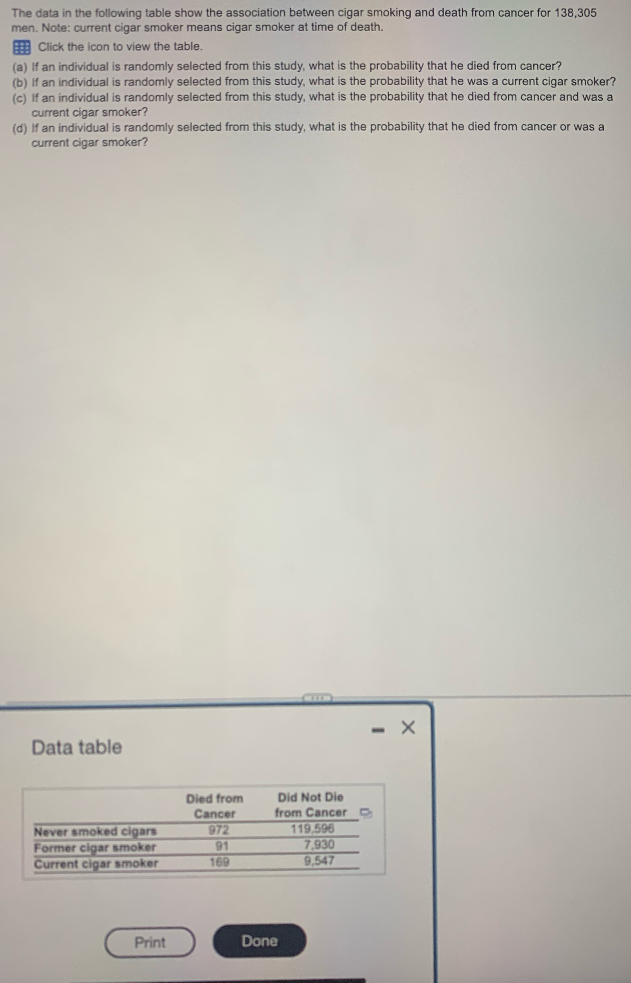 The data in the following table show the association between cigar smoking