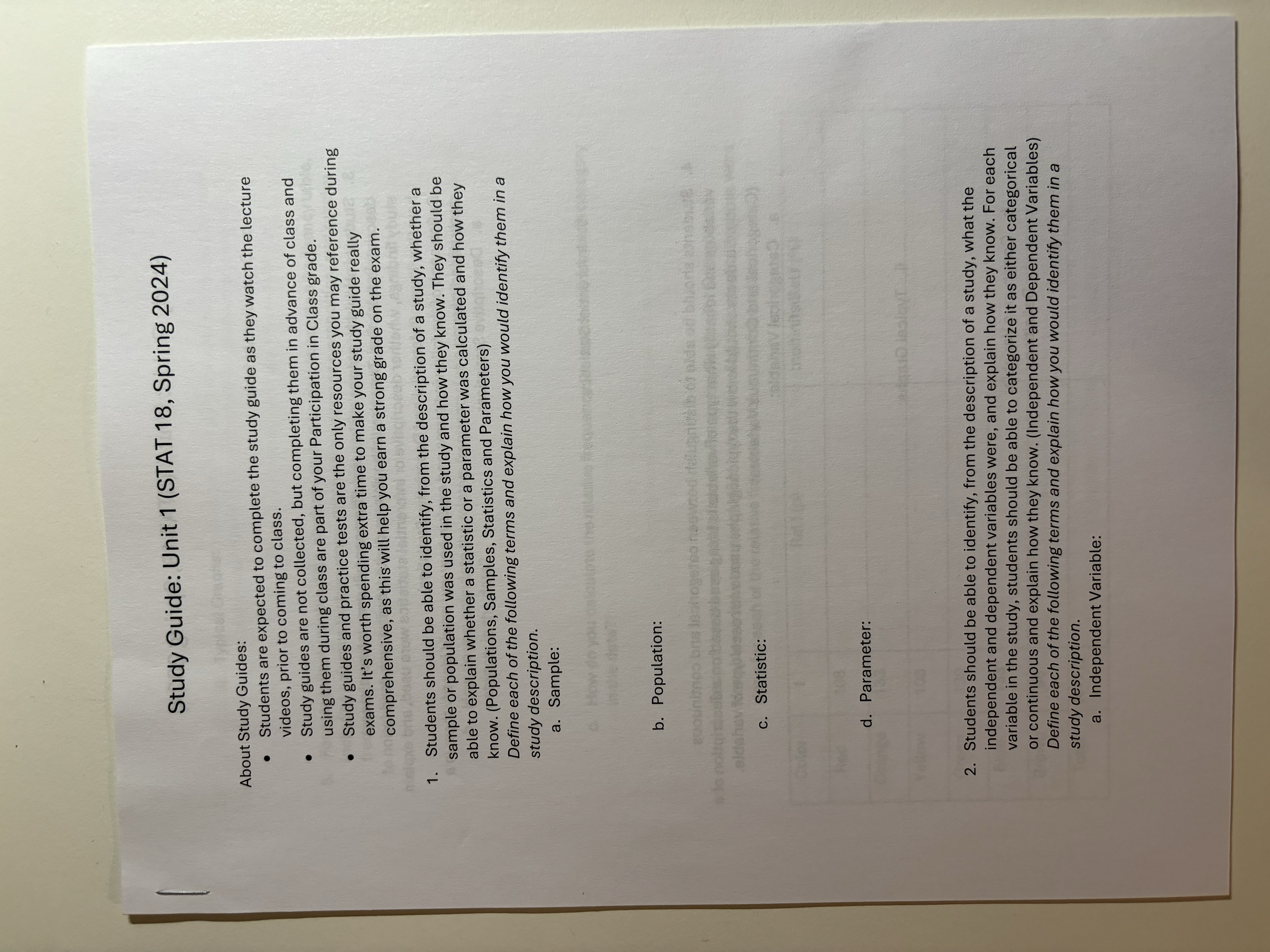 Study Guide: Unit 1 (STAT 18, Spring 2024) About Study Guides: .