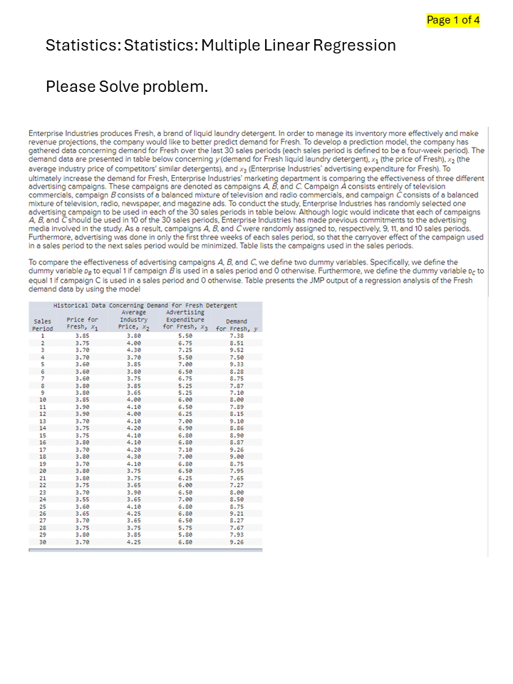 Statistics: Statistics: Multiple Linear Regression Please Solve problem. Page 1 of 4