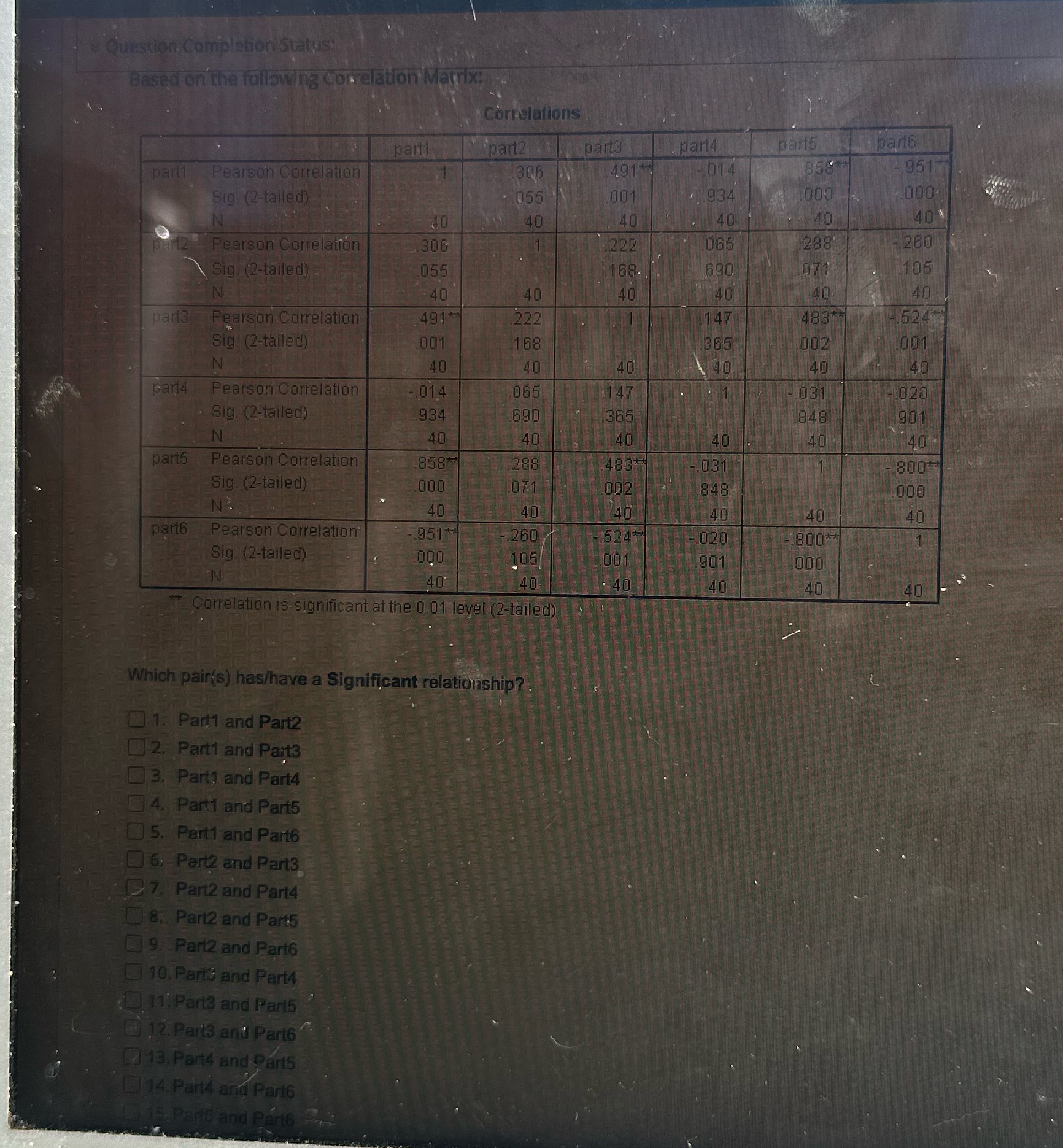 Question Completion Status: Based on the following correlation Matrix: Correlations parti part2