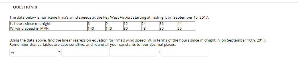 QUESTION 8 The data below is hurricane Irma's wind speeds at the