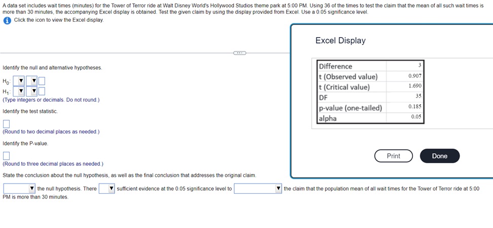 A data set includes wait times (minutes) for the Tower of Terror