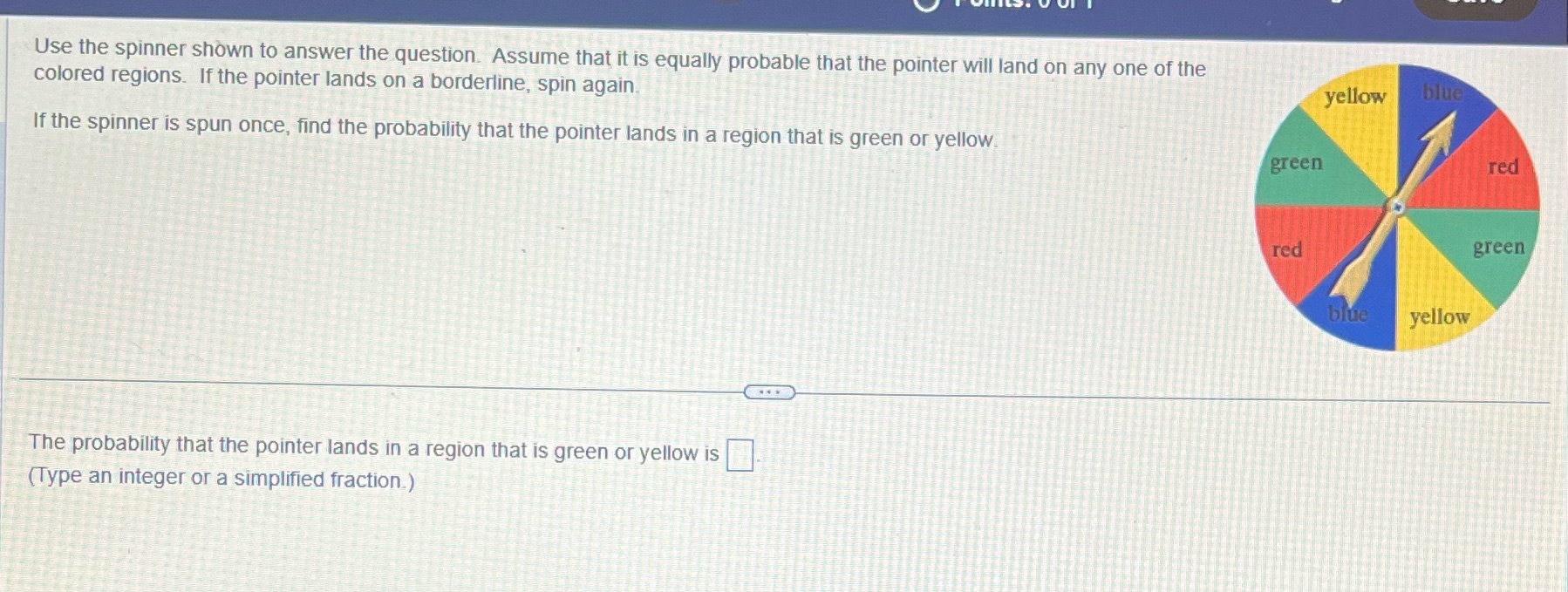 Use the spinner shown to answer the question. Assume that it is