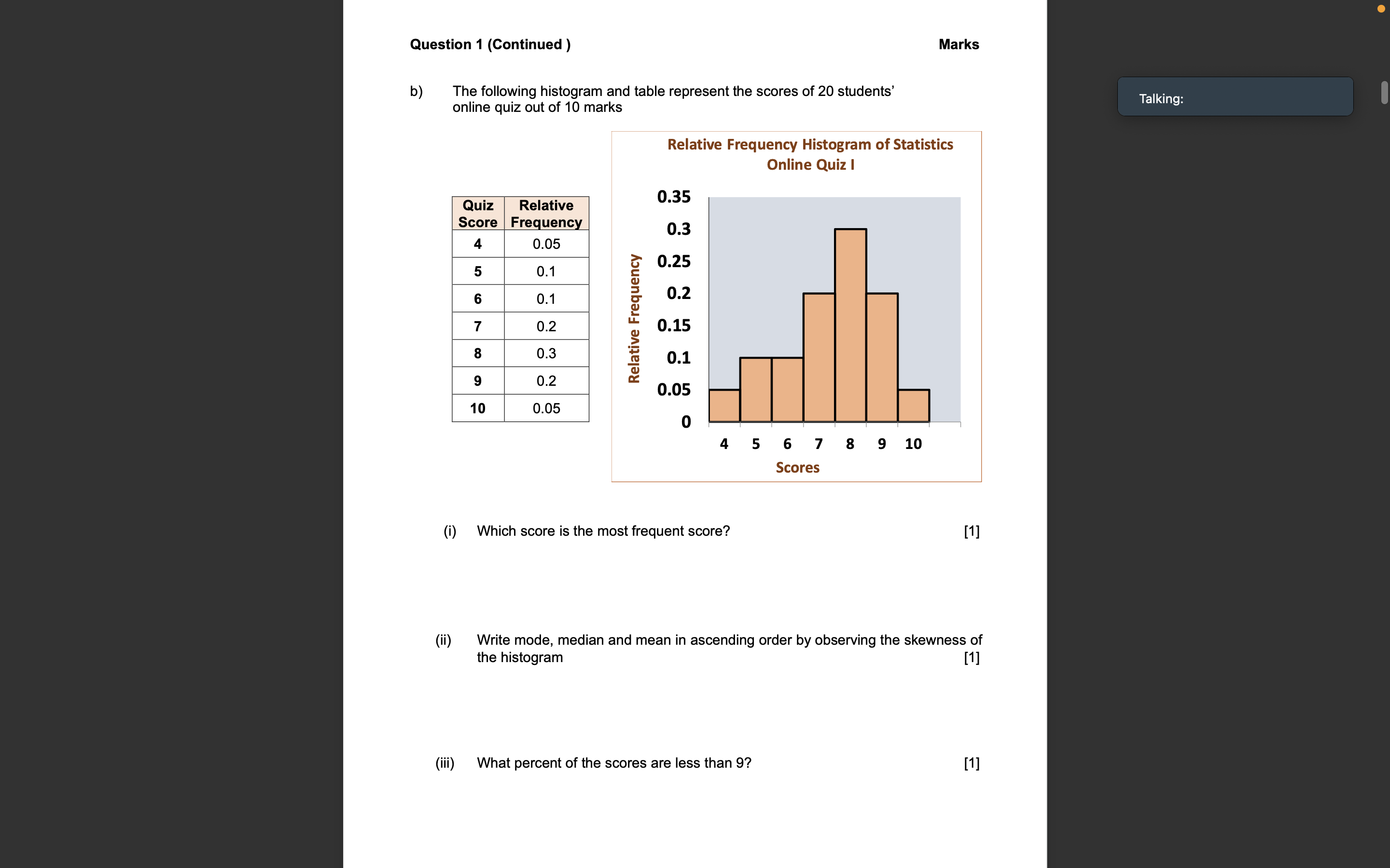 Question 1 (Continued) b) The following histogram and table represent the scores