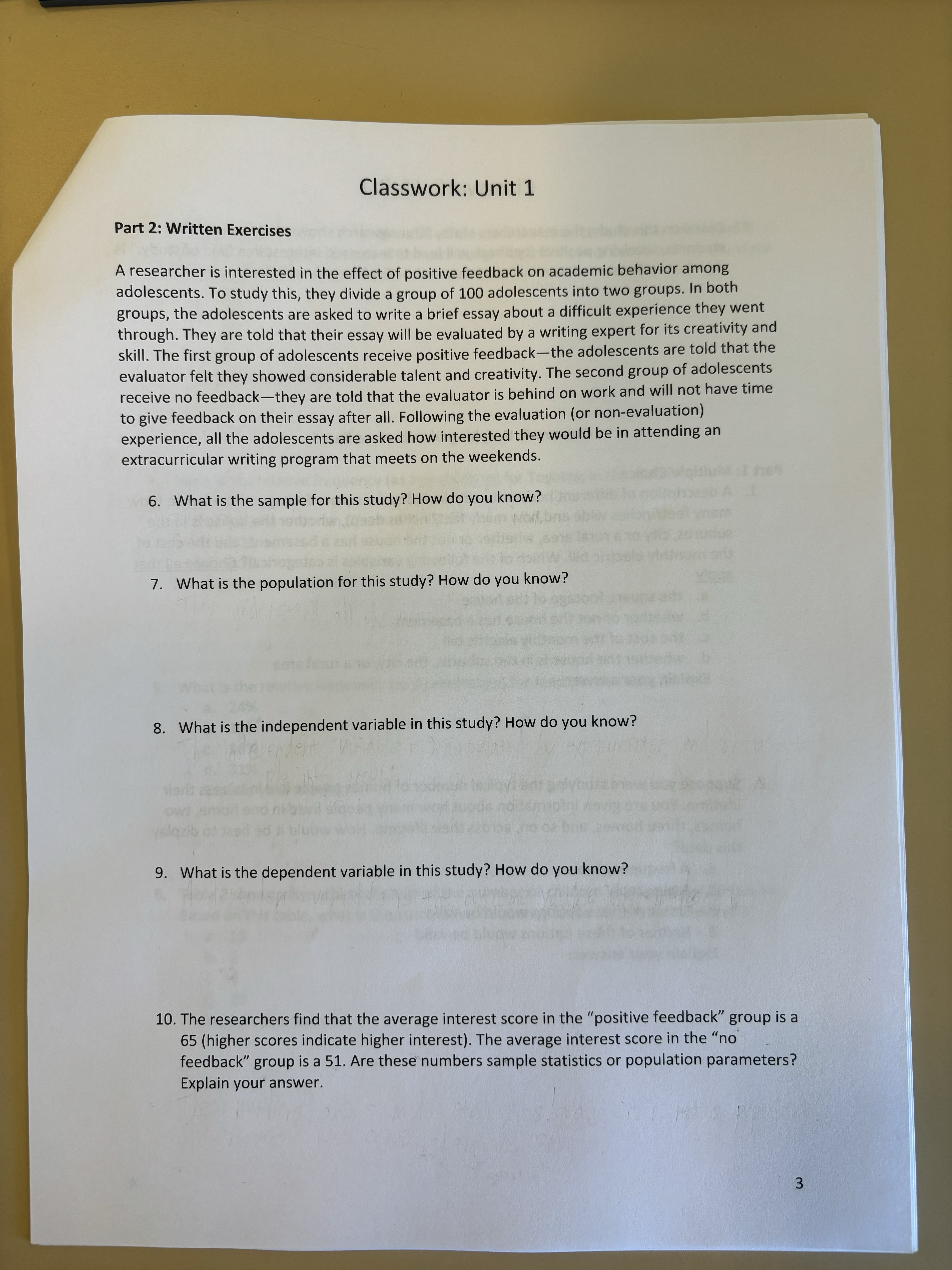 Classwork: Unit 1 Part 2: Written Exercises A researcher is interested in
