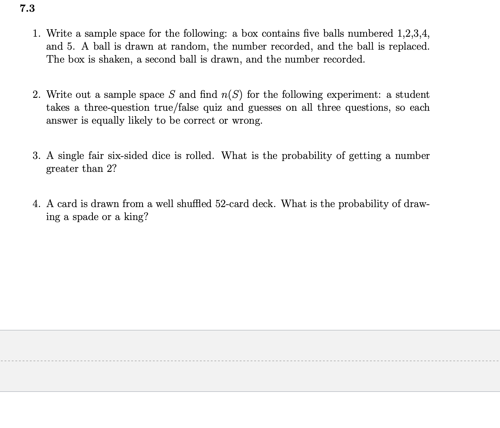 7.3 1. Write a sample space for the following: a box contains
