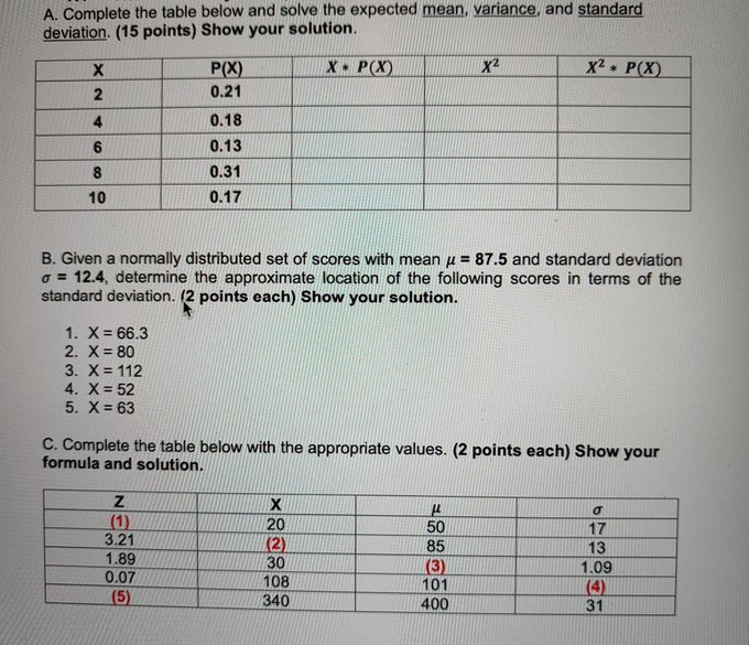 A. Complete the table below and solve the expected mean, variance, and