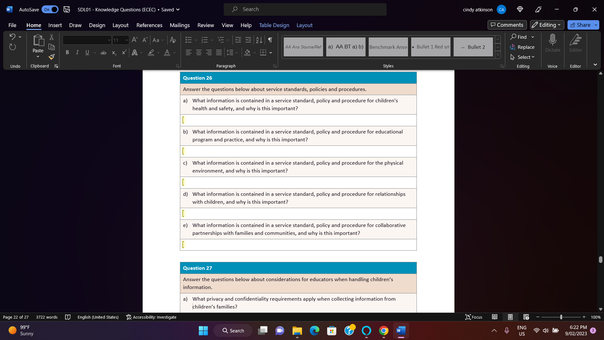 SDL01 - Knowledge Questions (ECEC) Saved Search cindy atkinson File Home Insert
