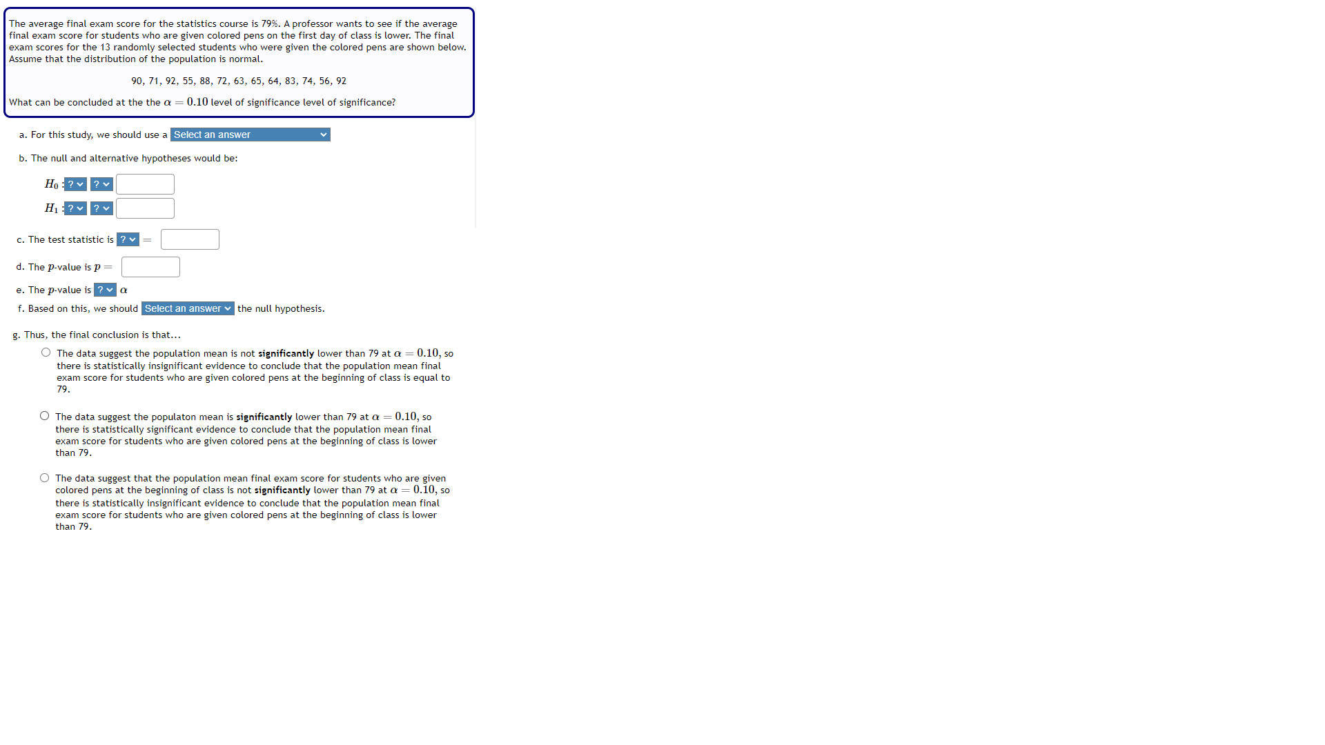 The average final exam score for the statistics course is 79%. A