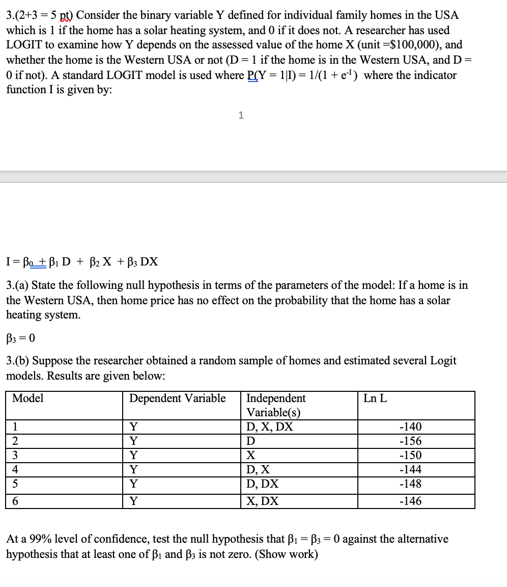 3.(2+3 5 pt) Consider the binary variable Y defined for individual family