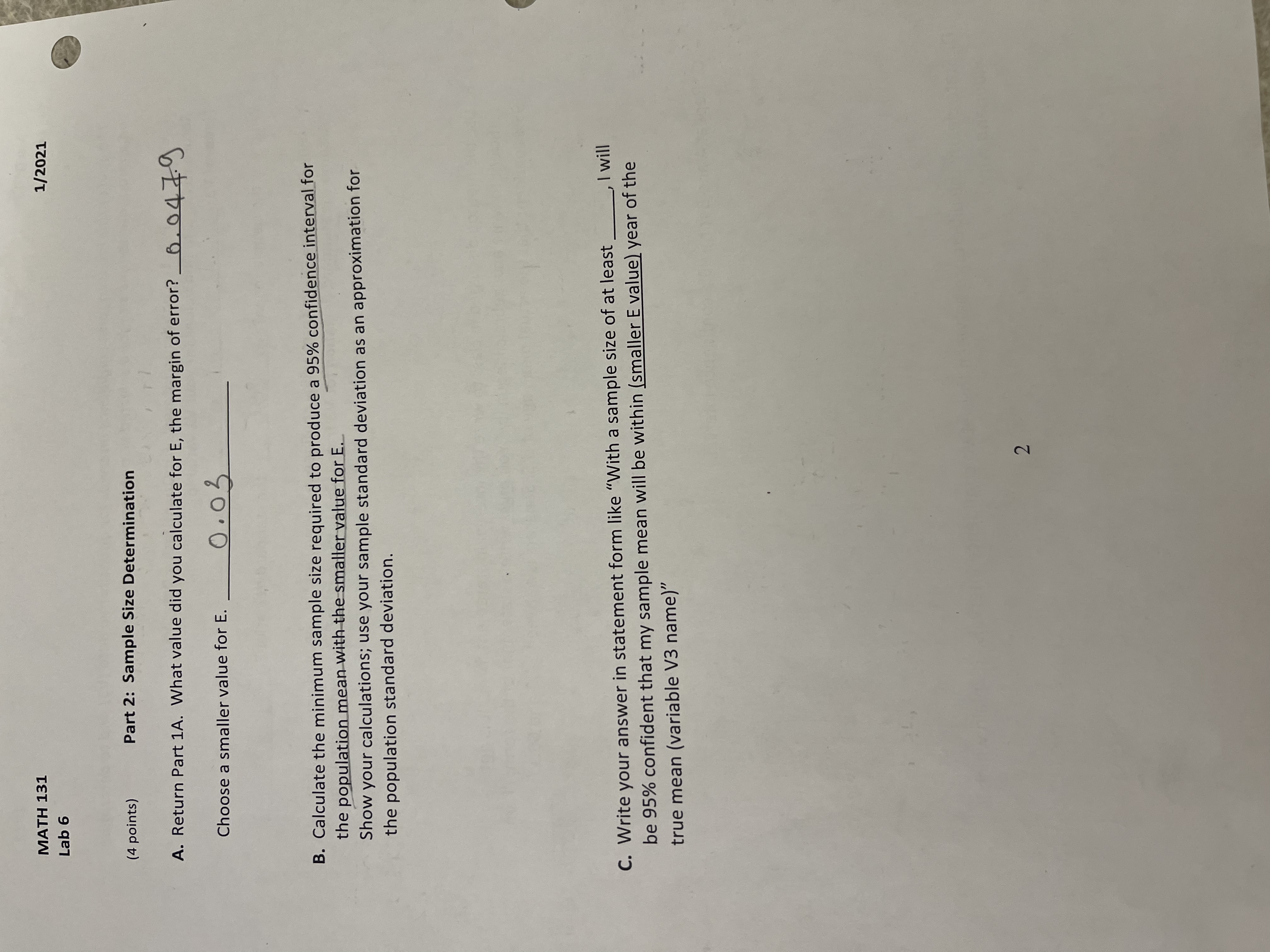 MATH 131 Lab 6 (4 points) Part 2: Sample Size Determination 1/2021