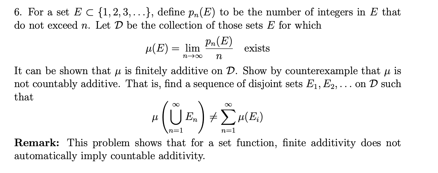 6. For a set EC {1, 2, 3,...}, define pn (E) to