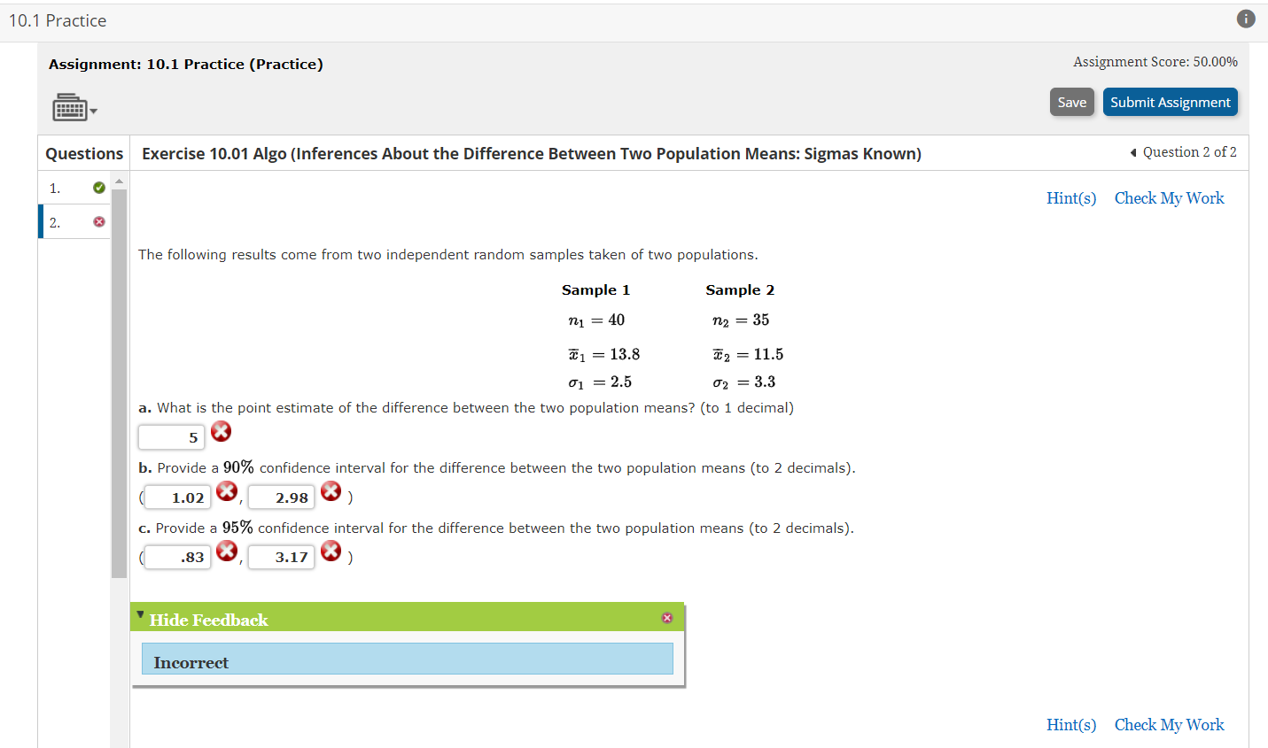 10.1 Practice Assignment: 10.1 Practice (Practice) Assignment Score: 50.00% Save Submit Assignment