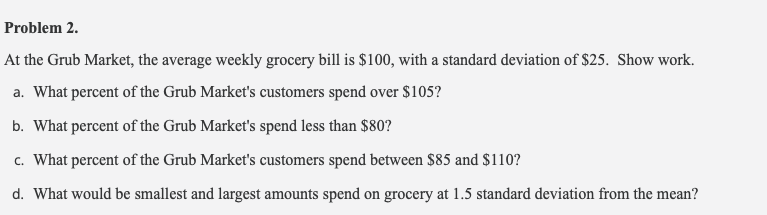 Problem 2. At the Grub Market, the average weekly grocery bill is