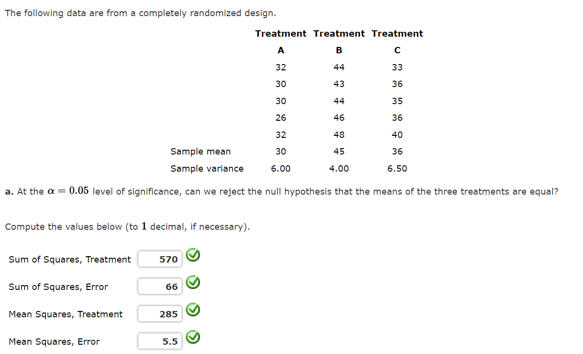 The following data are from a completely randomized design. Treatment Treatment Treatment
