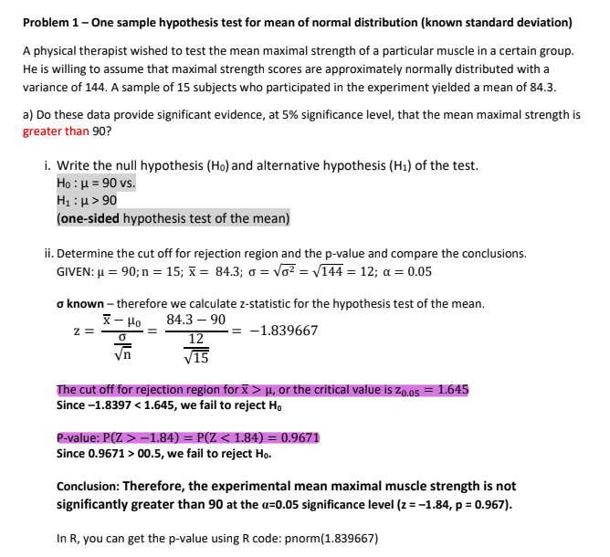 Problem 1 - One sample hypothesis test for mean of normal distribution