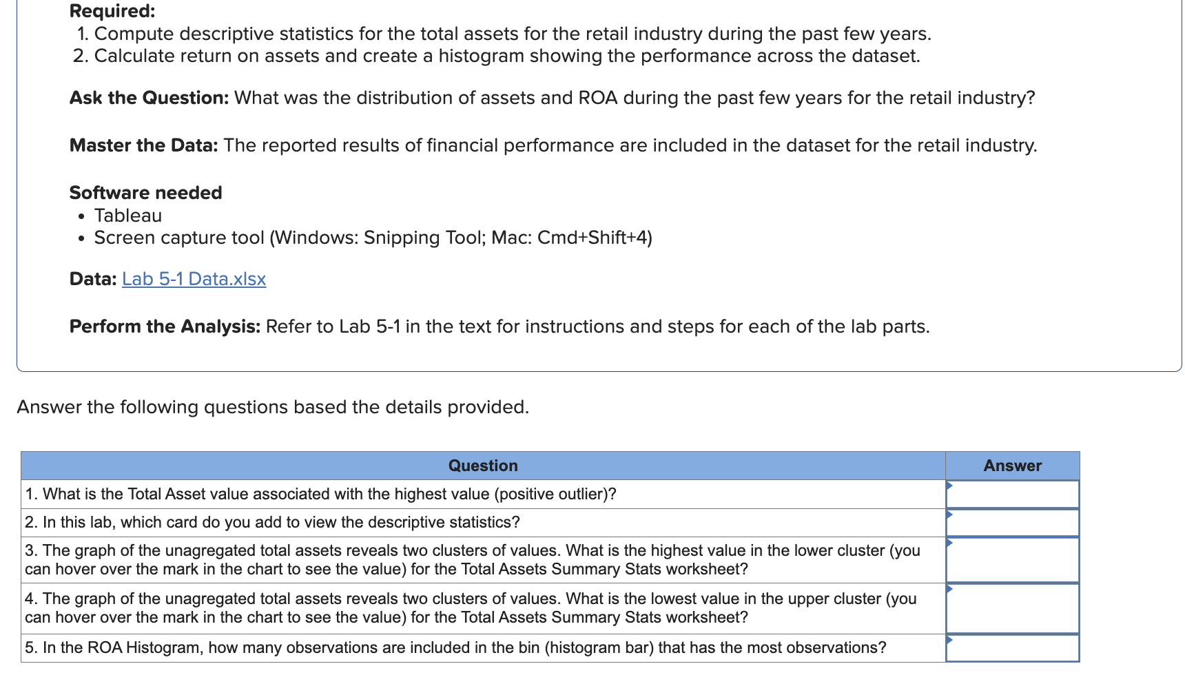 Required: 1. Compute descriptive statistics for the total assets for the retail