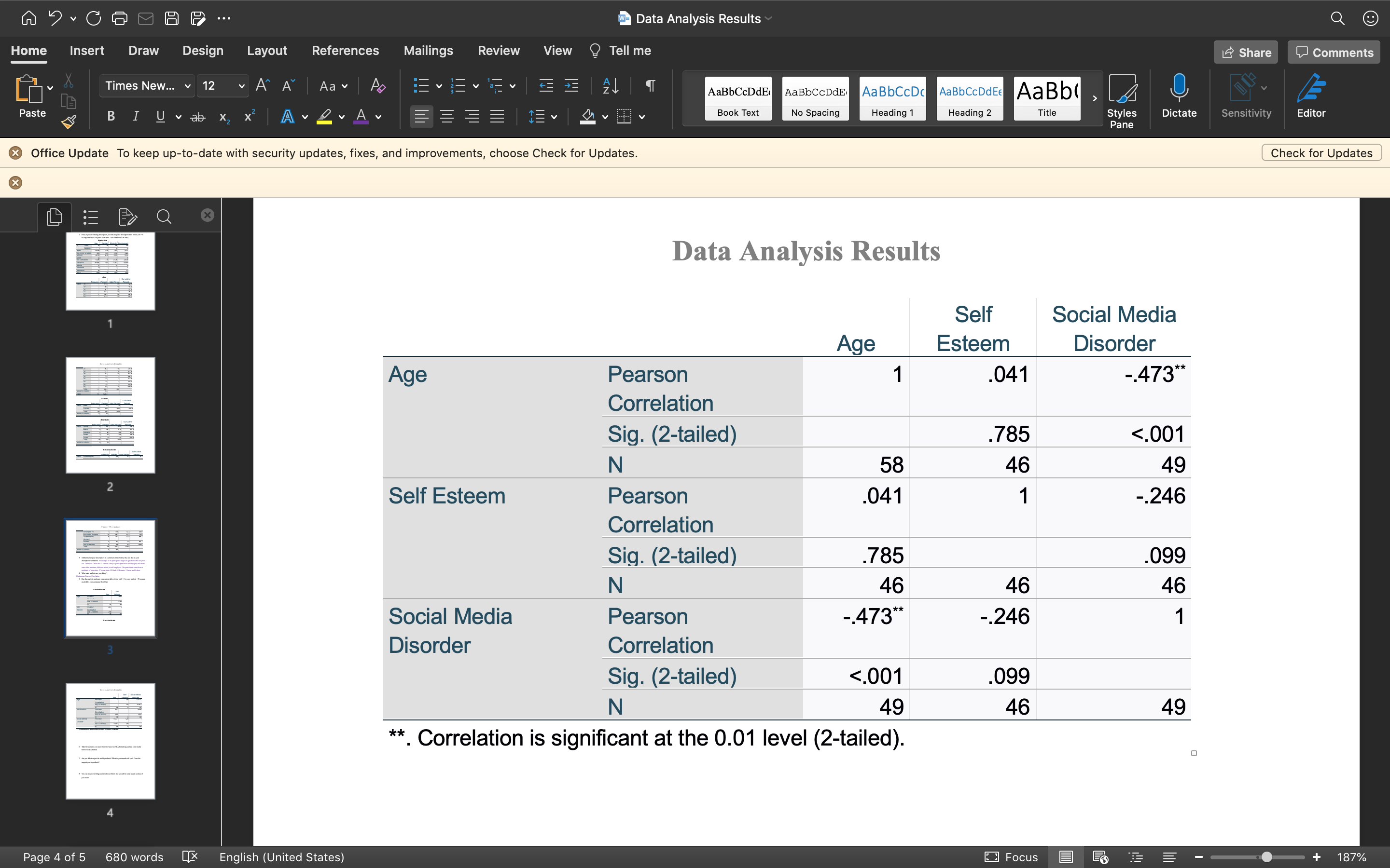 Data Analysis Results Home Insert Draw Design Layout References Mailings Review View