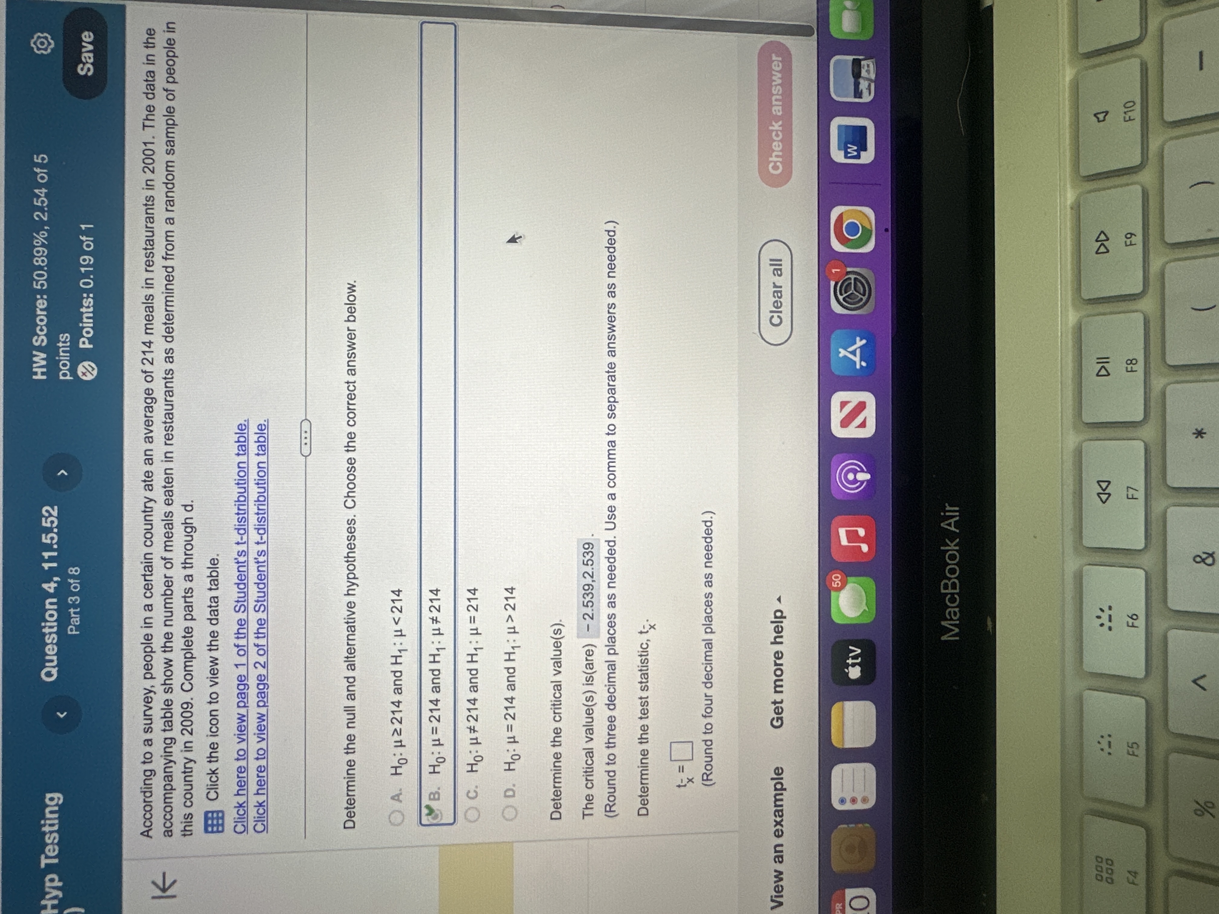 Hyp Testing Question 4, 11.5.52 > HW Score: 50.89%, 2.54 of 5