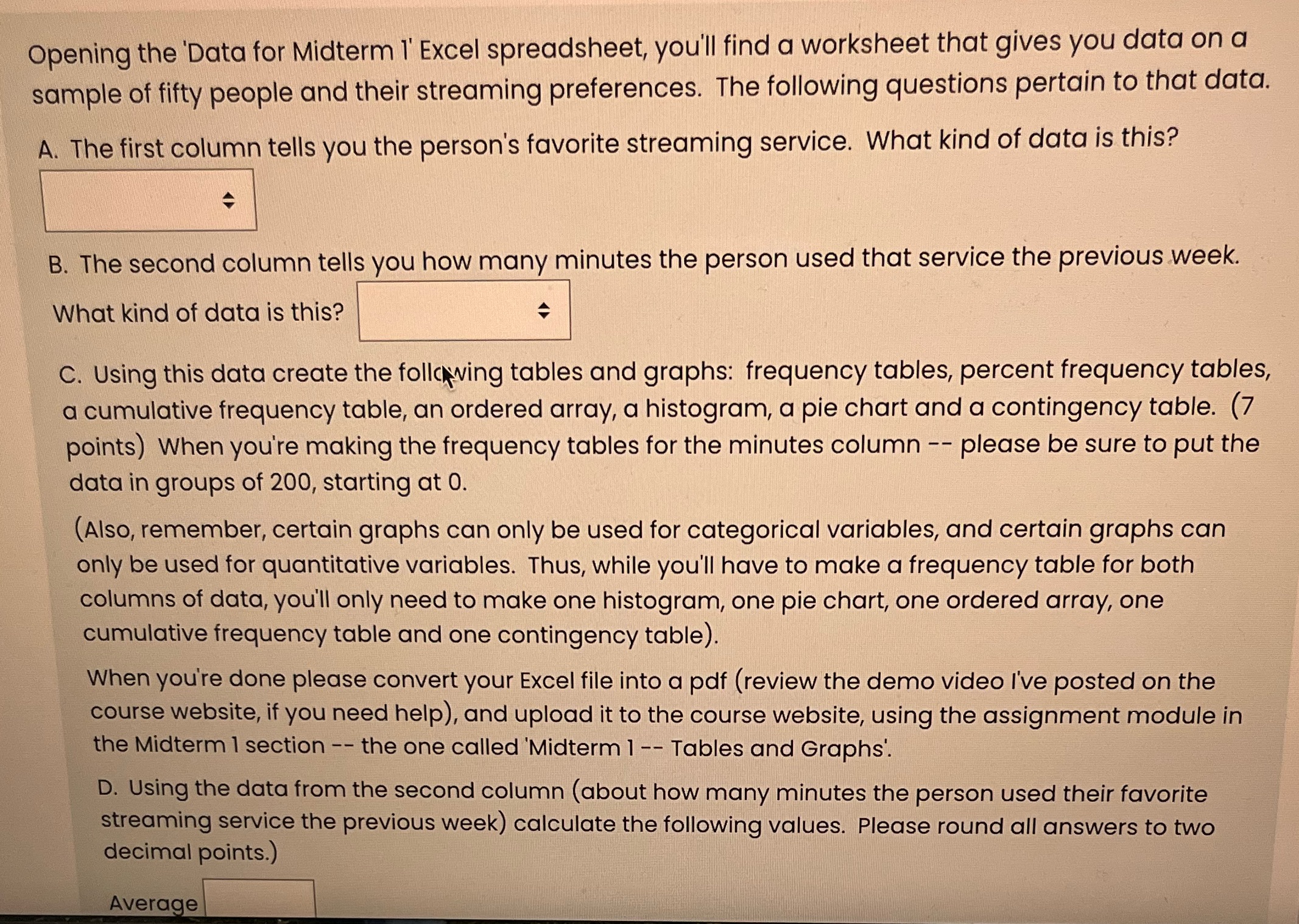 Opening the 'Data for Midterm 1' Excel spreadsheet, you'll find a worksheet