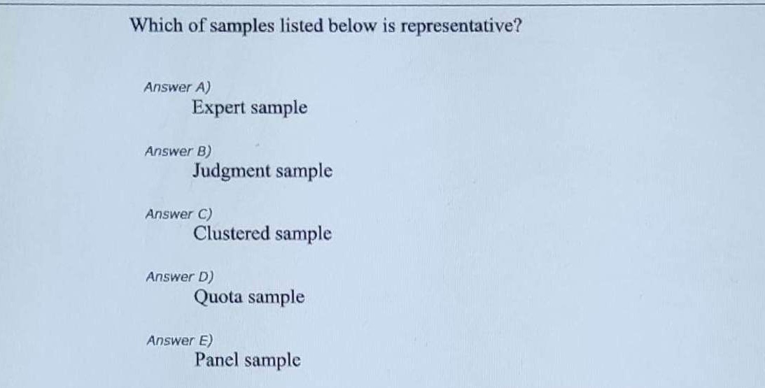 Which of samples listed below is representative? Answer A) Expert sample Answer