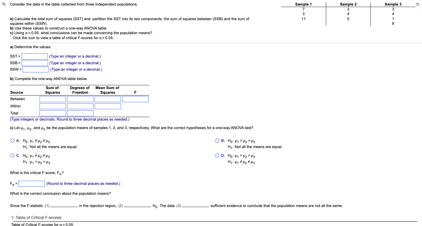 *6. Consider the data in the table collected from three independent populations.