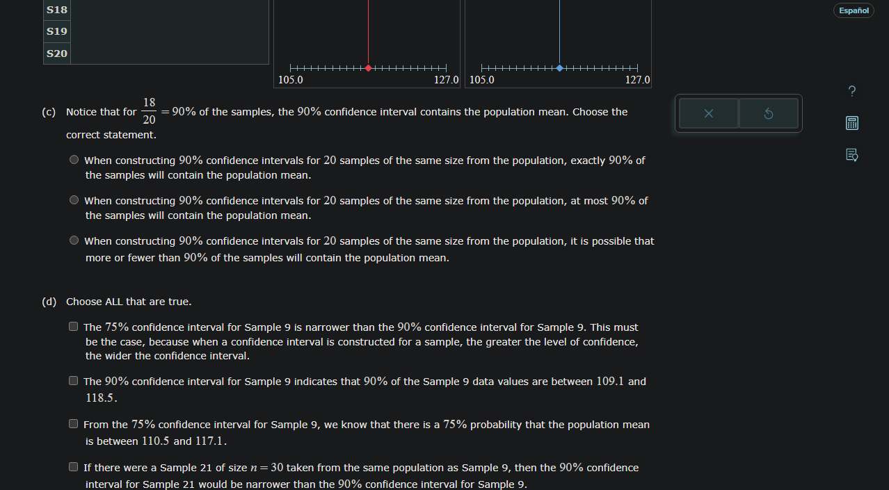 confidence intervals for these samples are drawn automatically. Then complete parts (c)