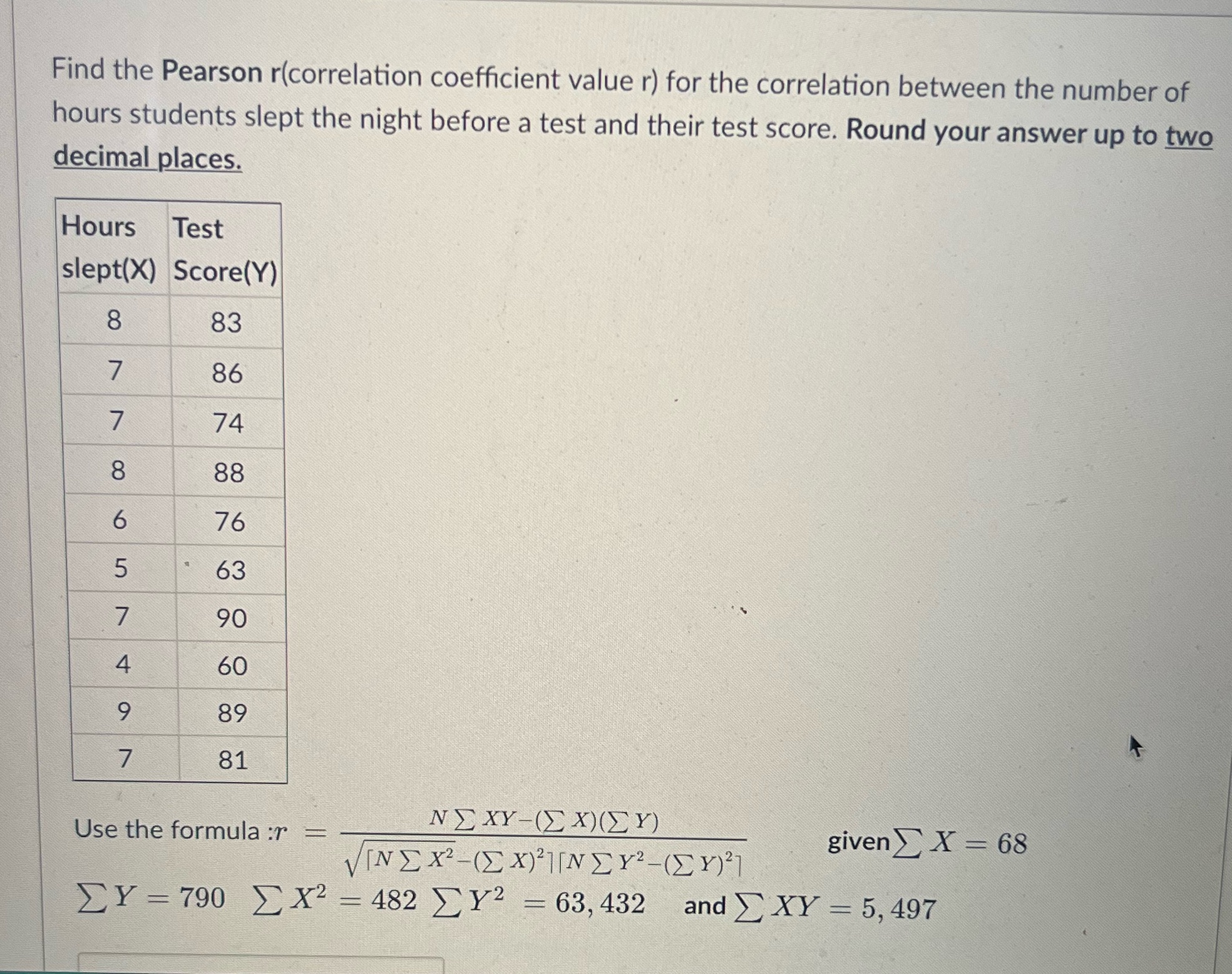 Find the Pearson r(correlation coefficient value r) for the correlation between the