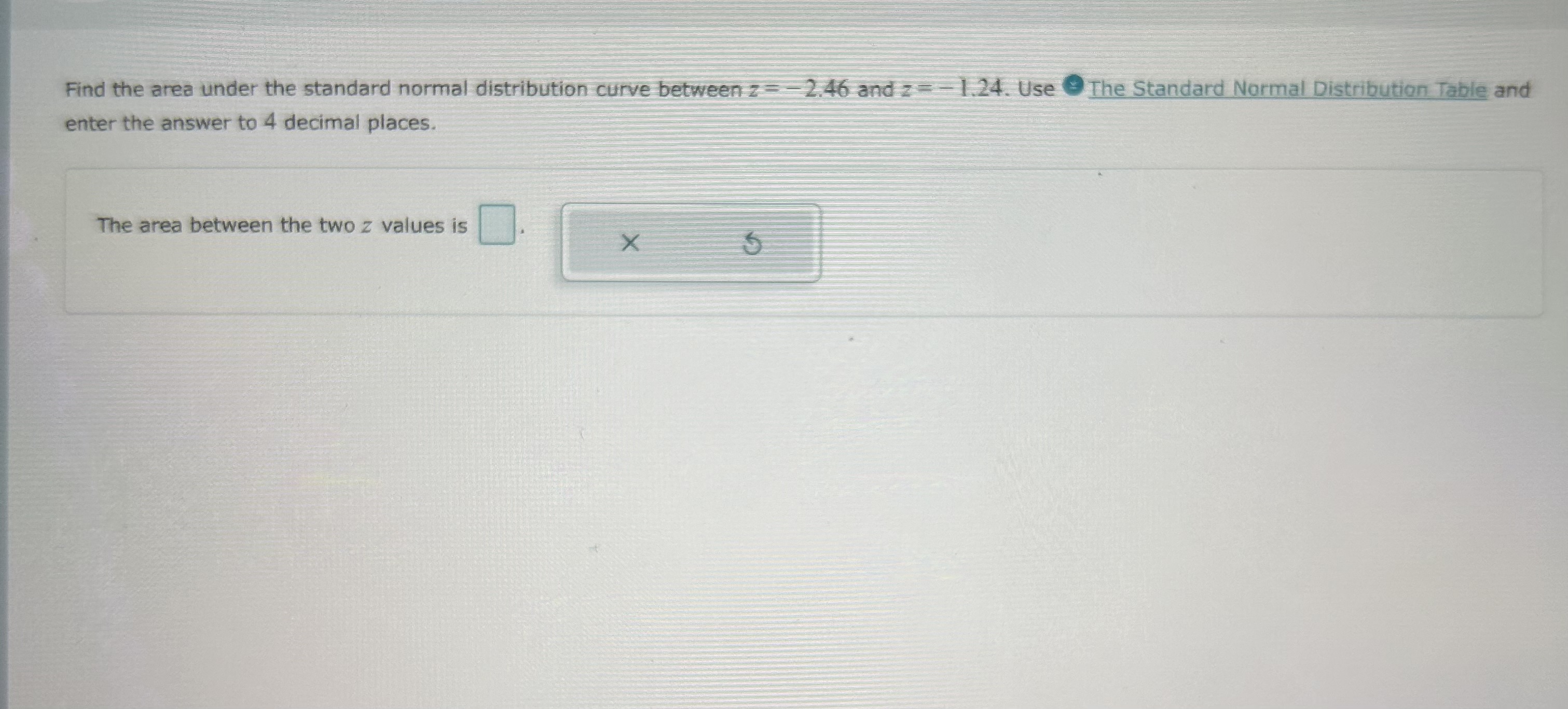 Find the area under the standard normal distribution curve between z=-2.46 and