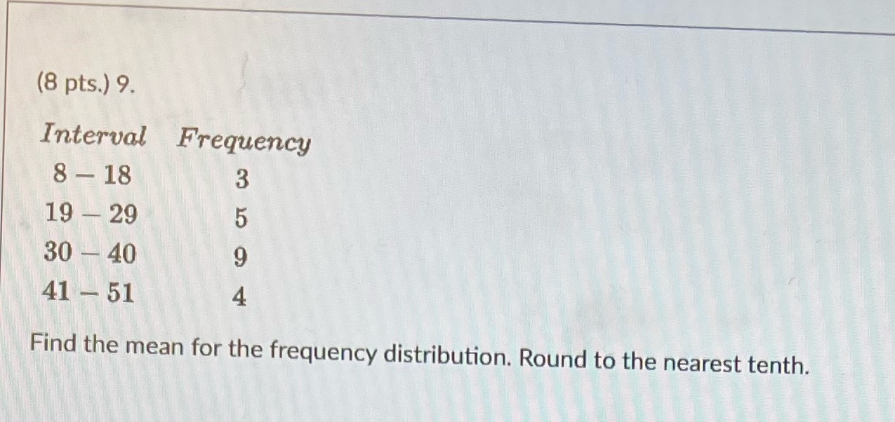 (8 pts.) 9. Interval Frequency 8-18 19 - 29 30-40 41-51 3594