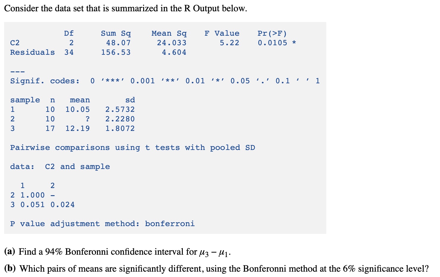 Consider the data set that is summarized in the R Output below.