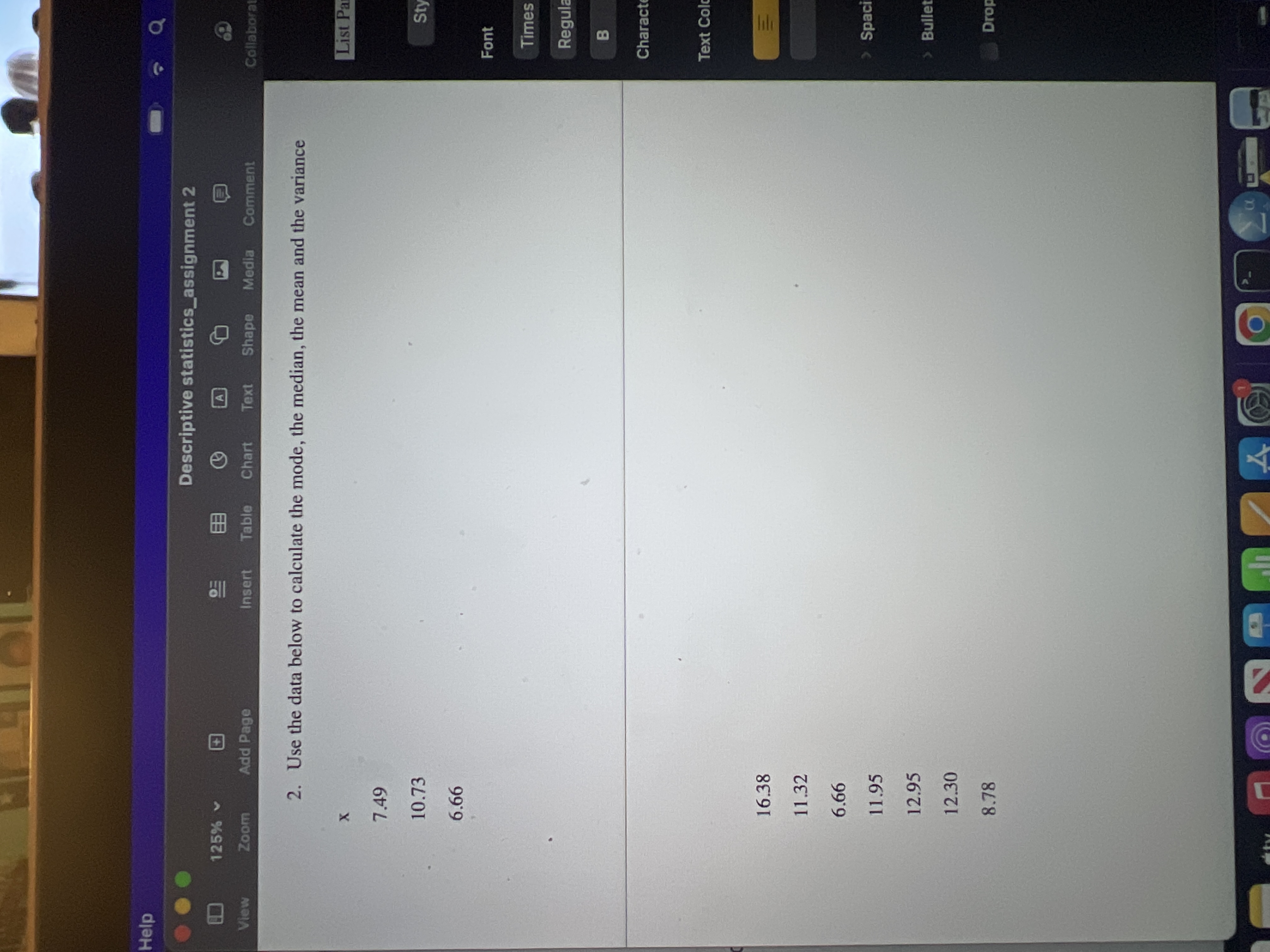 Help 125% View Zoom X Add Page Descriptive statistics_assignment 2 A Insert