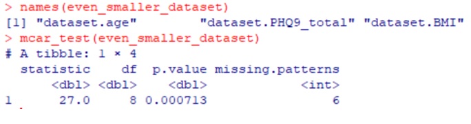 > mcar_test (even_smaller_dataset) %A tibble: 1 x 4 statistic df p.value missing.patterns